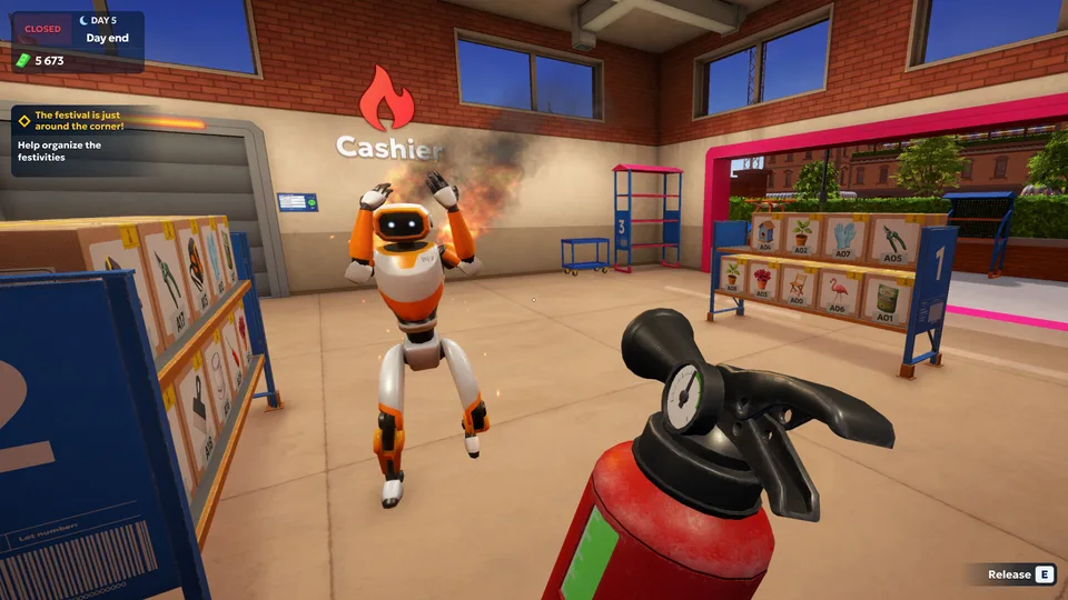 Warehouse robot catching fire near the cashier shelves as the player grabs a fire extinguisher in Shipping Store Simulator 2037